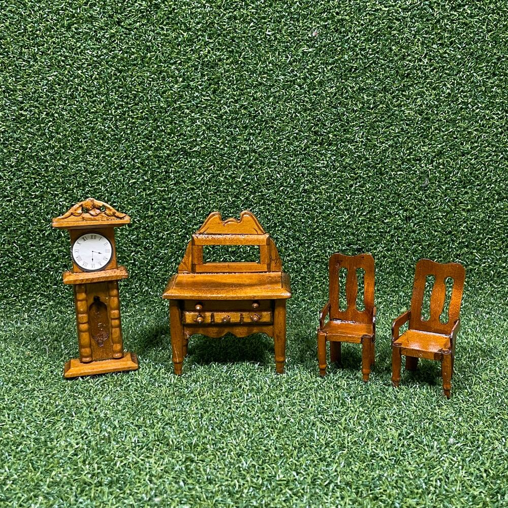Vintage Miniature Wooden Grandfather Clock Chair Vanity Dollhouse Furniture
